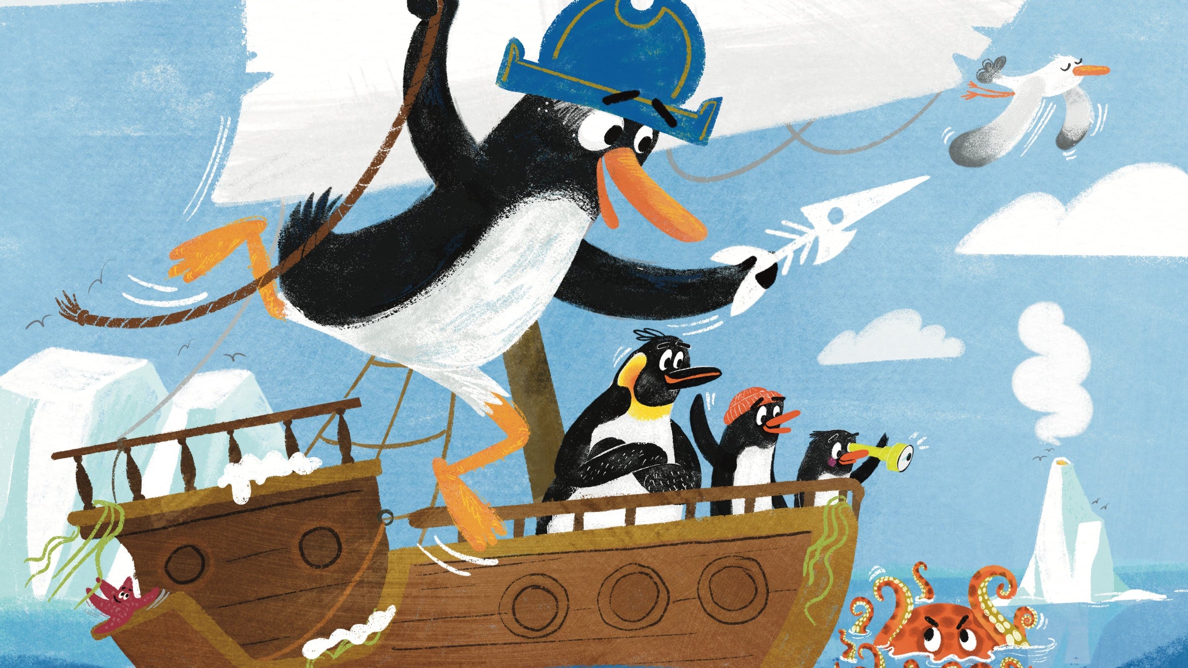 Front cover section of the picture book Pirate Penguin shows Flipper, a gentoo penguin, swinging off a rope. In the ship below re Flipper's 3 penguin friends. They are looking out into sea where there is a twelve tentacled orange sea monster glowering at them. in the distance is an antarctic volcano.