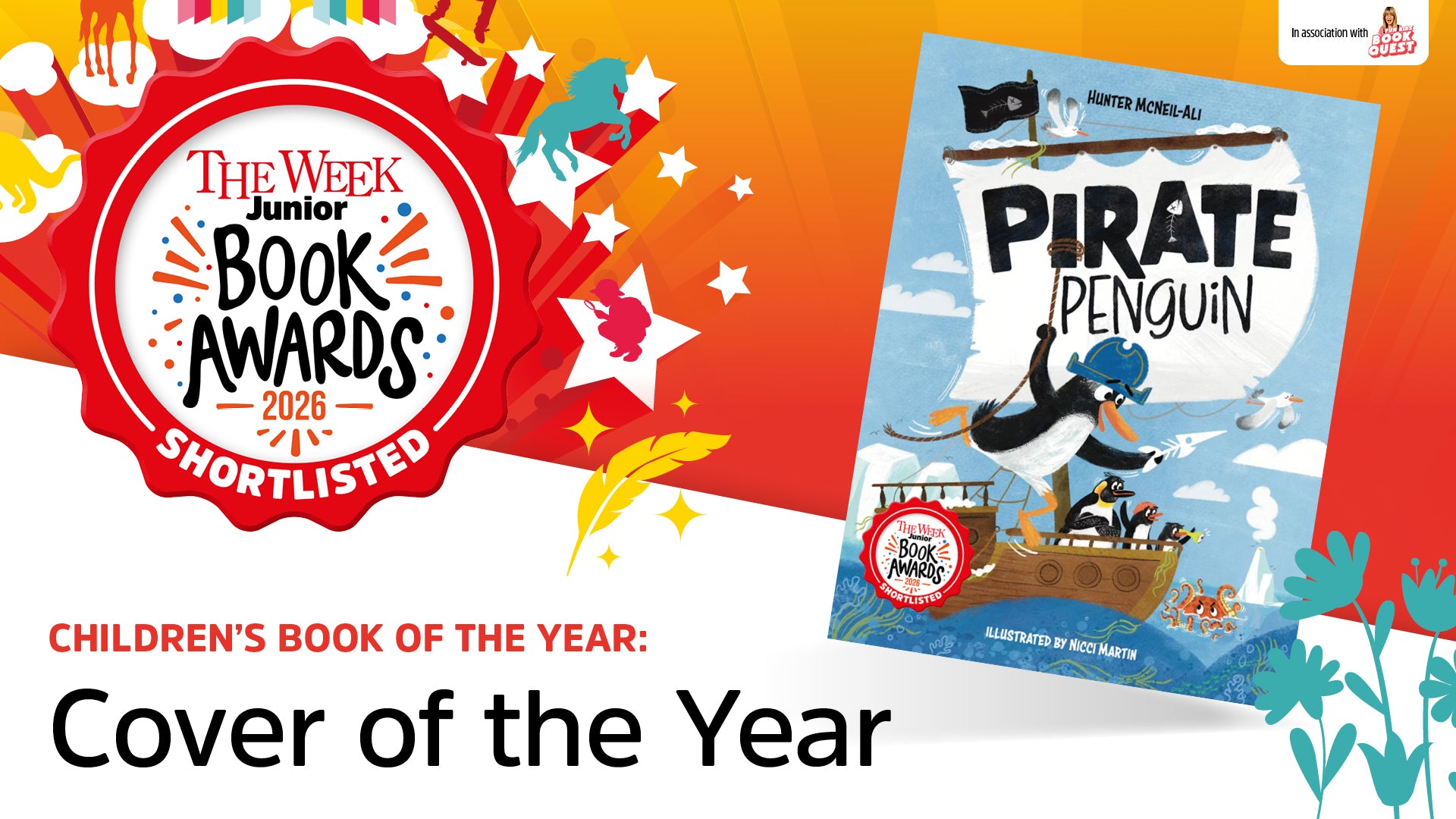Children's book cover of 'Pirate Penguin' with 'The Week Junior Book Awards 2023' shortlisted badge on an orange background.